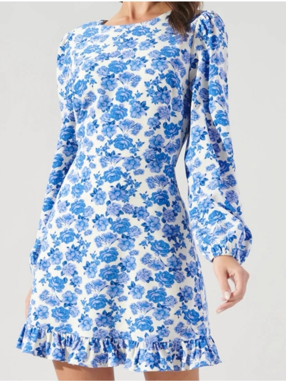 Sugarlips Blue White Floral Long Balloon Sleeve Ruffle Mini Dress NWT Size XS